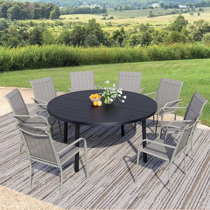 9-Piece Patio Furniture Set, Black Round Patio Table and Grey Chairs Set of 8, Outdoor Dining Set with Umbrella Hole for Garden, Yard, Patio