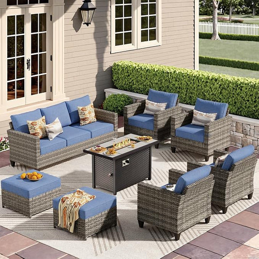 CAODOC 8-Piece Outdoor Wicker Patio Set with 9 Seats, Including 43" Fire Pit - Sectional Sofa and Conversation Set for Backyard or Lawn, Gray Rattan with Waterproof Blue Cushions
