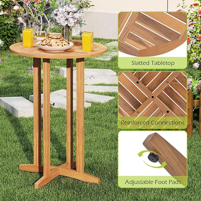 HAPPYGRILL Acacia Wood Outdoor Bar Table, Bar Height Patio Bistro Table for Porch, Garden, Balcony and Poolside