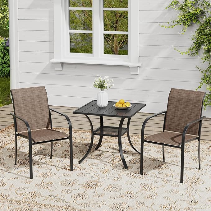 VICLLAX Outdoor Dining Set for 2, Small Patio Table and Chairs Set of Stackable Patio Sling Chairs and Square Dining Table for Front Porch, Brown Fabric and Black Table