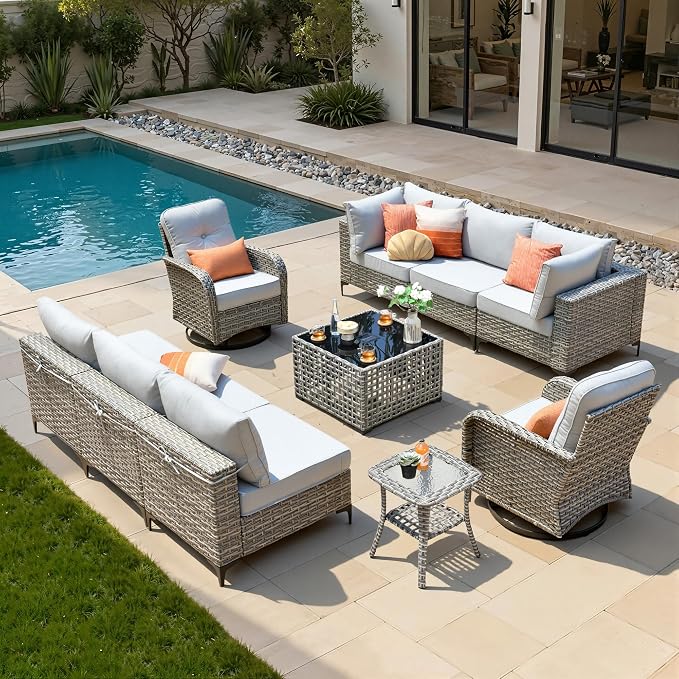 10 Pieces Patio Sectional Furniture Set, Outdoor Wicker Sectional Couch with High Back Swivel Rocker Chairs Solar Lights Table, Modern Conversation Set for Porch Balcony Backyard, Gray