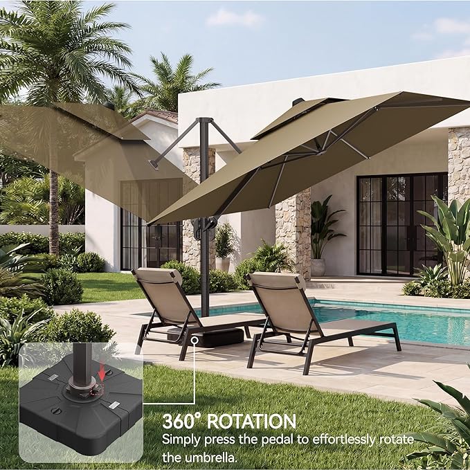 10x10 FT Patio Umbrella with Base, Large Cantilever Double Top Heavy Duty Offset Umbrellas with 360° Rotation, Outdoor shade for Garden Deck Pool, Tan