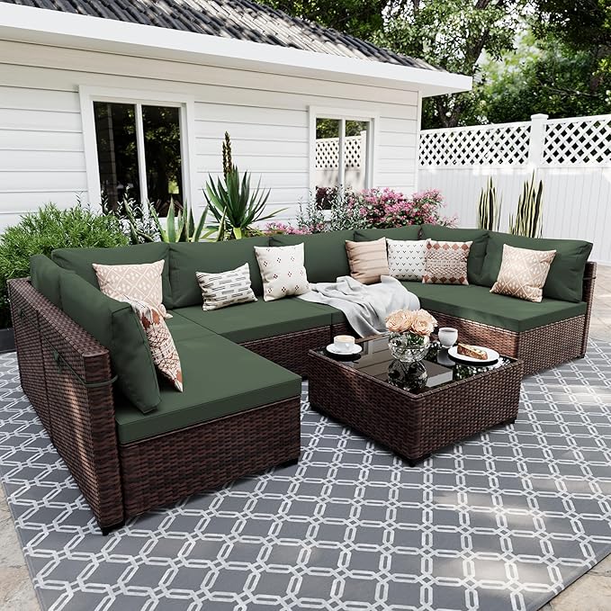 UPHA 7 Pieces Patio Furniture Sets, Wicker Outdoor Sectional Sofa Couch with Coffee Table, Patio Conversation Set for Deck Backyard Garden, Brown Rattan, Pine Green Cushion