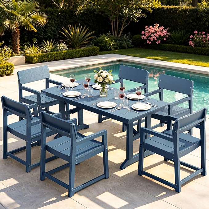 JAMFLY 7 Piece Outdoor Dining Set, All Weather Patio Table and Chairs for Backyard Garden Deck Lawn Pool, Sturdy All Weather Outdoor Furniture Set with Umbrella Hole, Blue