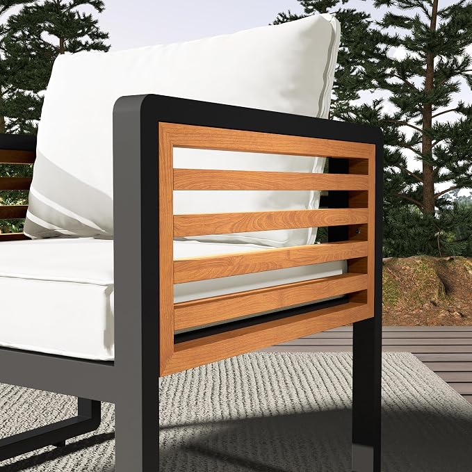 ERYE Large Size 4-Pieces Patio Conversation Set Modern Outdoor Furniture Sofa for 5 Person, Garden Furniture Set with Removable Cushion, Metal Frame and Acacia Wood Tabletop
