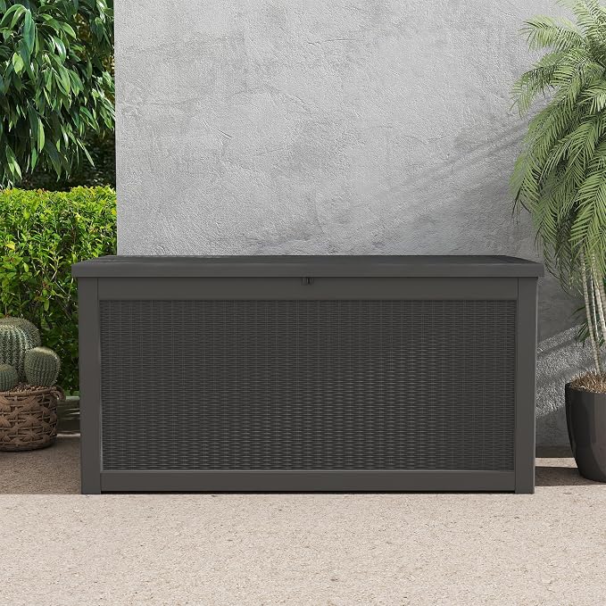 LAUSAINT HOME 100 Gallon Resin Deck Box, Package Delivery Box with Lockable Lid, Waterproof Outdoor Storage Box For Garden Tools, Patio Cushions(100 Gallon,Black)