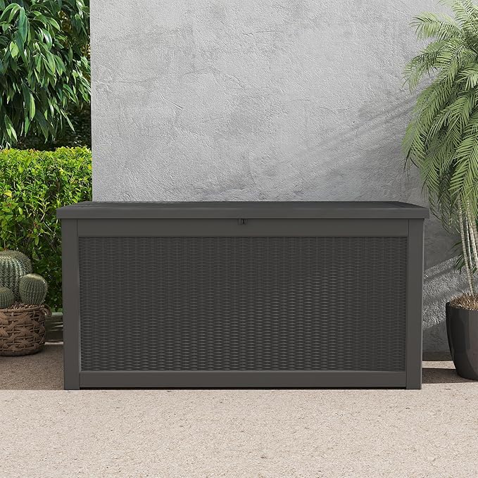 LAUSAINT HOME 320 Gallon Resin Deck Box, Package Delivery Box with Lockable Lid, Waterproof Outdoor Storage Box For Garden Tools, Patio Cushions(320 Gallon,Black)