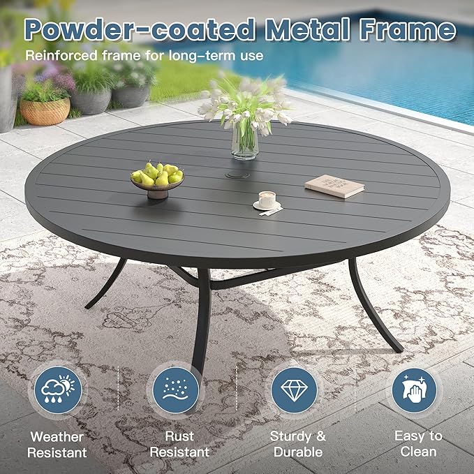 DIFY Patio Dining Set for 10, 11 Piece Outdoor Table and Chairs Set, 63" Black Round Metal Patio Dining Table and Brown Textilene Stackable Patio Chairs, for Backyard Garden Poolside
