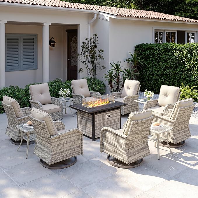 13Pcs Patio Rocking Swivel Chair with 55,000 BTU Fire Pit Table Outdoor Wicker Rattan Bistro Set with Tempered Glass Side Table, Outdoor Patio Furniture Set for Garden and Balcony, White