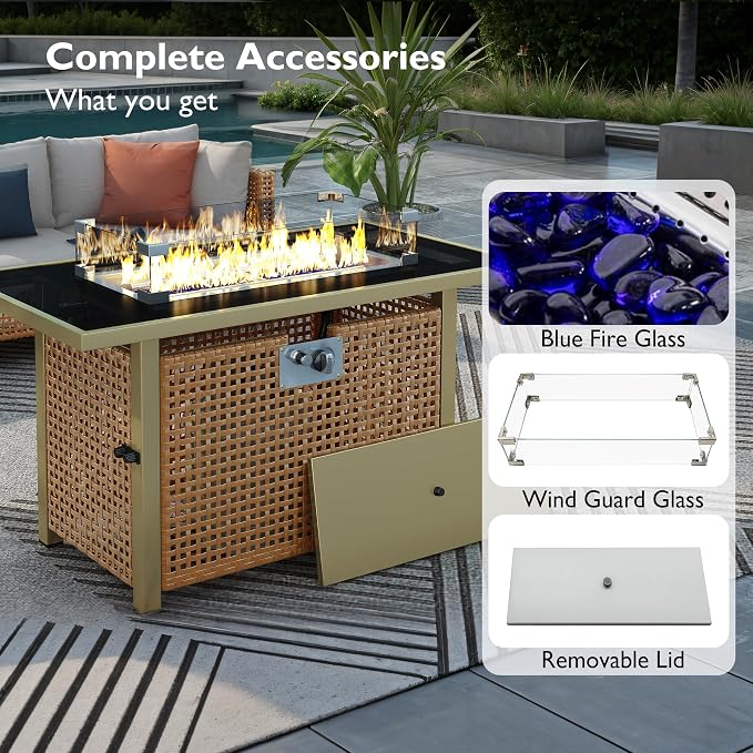43" Propane Gas Fire Pit Table, 60000 Btu Rectangular Open Weave Wicker Fire Pit with Glass Wind Guard for Outside Patio Deck Garden Backyard - Orange & Mustard Yellow