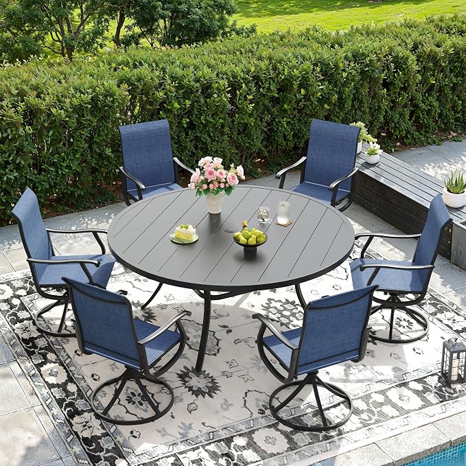 DIFY Outdoor Dining Set for 6, 7 Piece Patio Table and Chairs Set, Swivel Patio Dining Chairs with Blue Textilene & 53" Black Round Metal Dining Table with Umbrella Hole, for Garden Backyard Deck