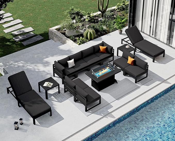 NICESOUL 13 Piece Large Modern Aluminum Outdoor Patio Furniture Set with Lounge & Fire Pit Table, 29" Wide Deep Seating, Fade Resistant Sectional Sofa, 500 lbs Heavy Duty Deck Conversation Set, Black