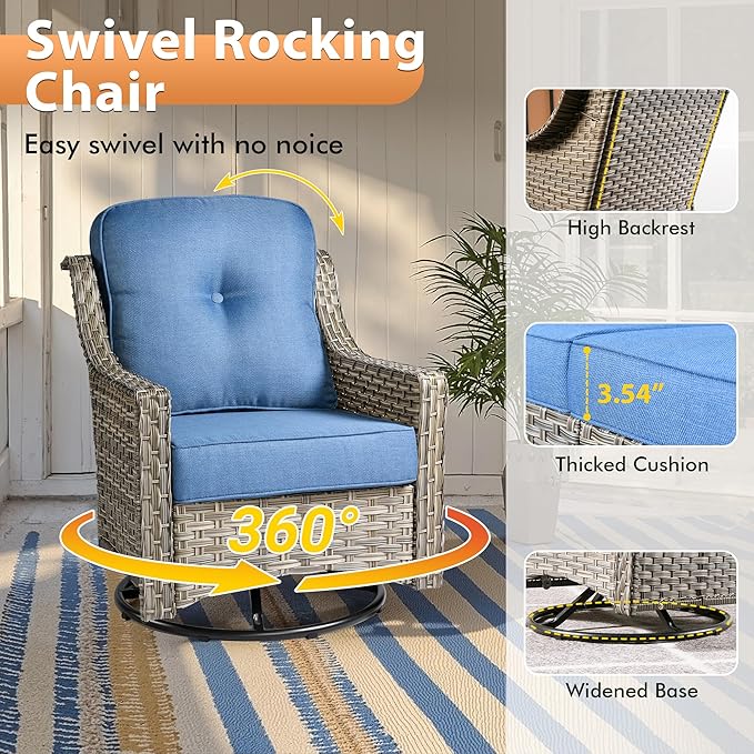 6 PCS Outdoor Patio Furniture Sets,Patio Conversation Sets Outside Rattan Soft Cushion Sofa with 2 Wicker Rocking Chairs & 54 in Fire Pit Table Fit Backyard Porch Garden Poolside Balcony,Diamond Blue