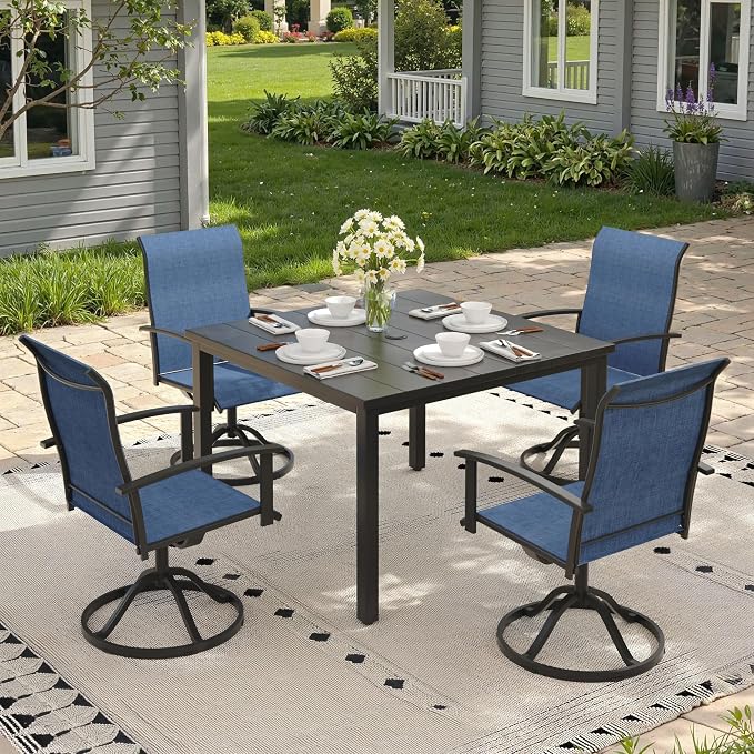5 Pieces Patio Dining Set, Outdoor Furniture of 40.2" Square Patio Table and Patio Swivel Chairs for Backyard Lawn Garden, Black Table and Dark Blue Chairs