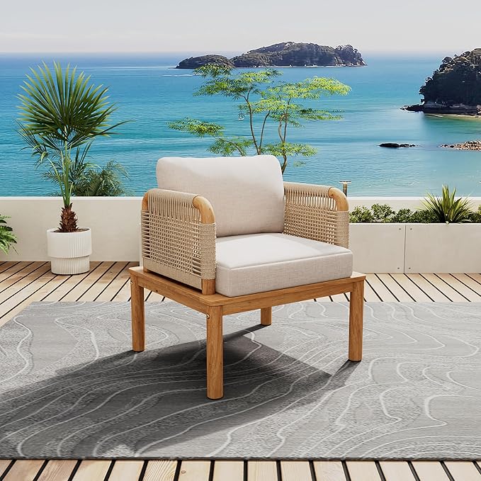Merax MP2 Outdoor Club Chairs, Acacia Wood & Rope Weave with Water-Repellent Cushions, Patio Conversation Chairs for Garden & Balcony