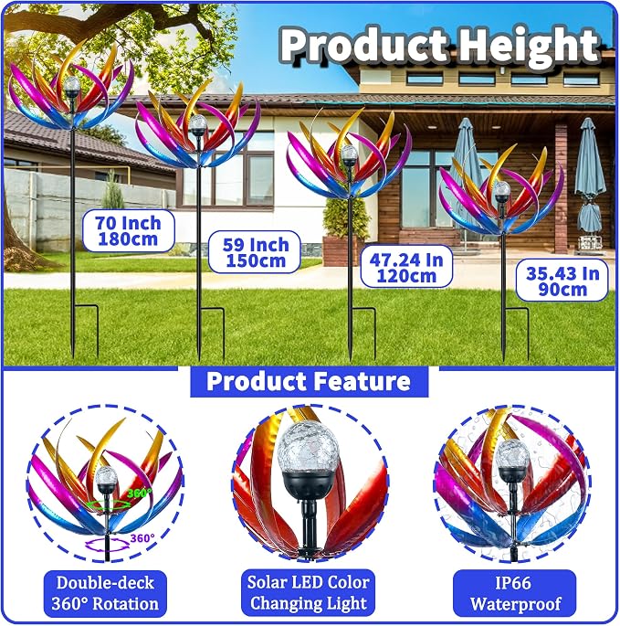 70 in Large Wind Spinners Outdoor, Solar Wind Sculpture, Purple | Metal Windmill with Solar Multi-Color Light, All Weather Decor , Ideal Yard Art for Garden, Backyard, Lawn & Outdoor Decor