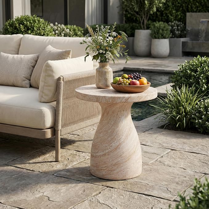 Outdoor Side Table Faux Marble End Table Faux Stone Side Tables Travertine Small Coffee Tables for Indoor Outdoor, Garden Stool Plant Stand for Porch, Backyard Patio, 20"*23*-Beige