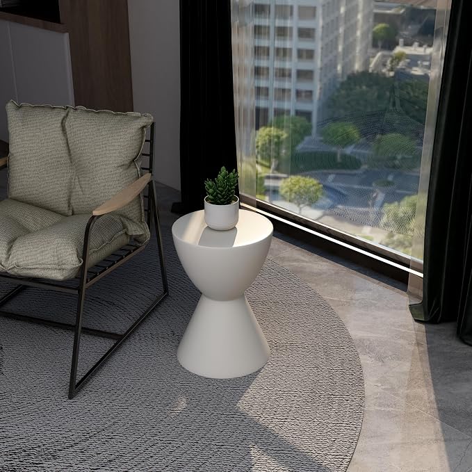 LeisureMod Loft Series White Fiberstone Side Table - Modern Hourglass Round Pedestal - 18-inch Weather-Resistant Accent for Outdoor Patio and Indoor Living Room Decor