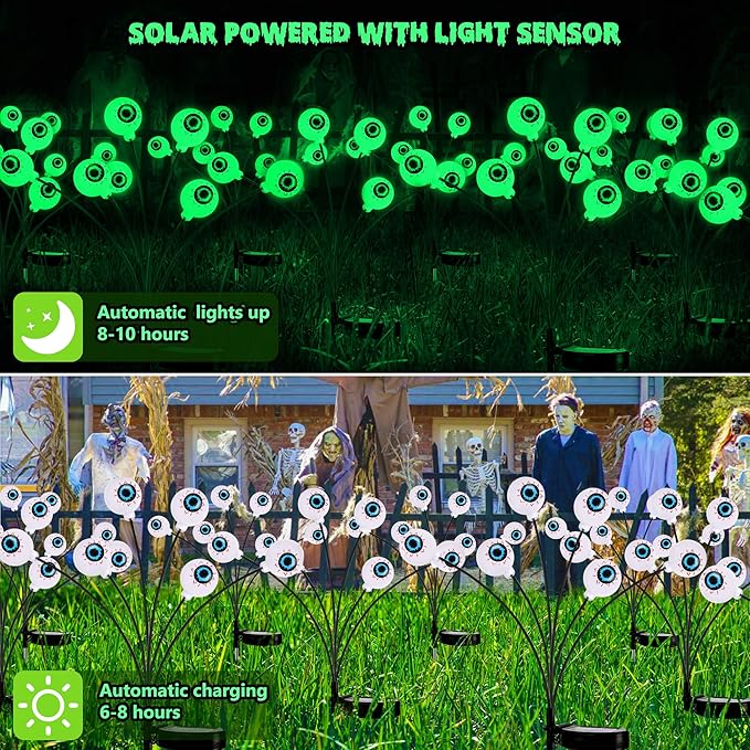 Brizled Solar Halloween Lights, 2 Pack Total 12 LED Green Halloween Eyeball Lights, 2 Modes Outdoor Green Eyeball Light, Swaying Outside Scary Pathway Light Waterproof for Garden Yard Lawn Path Decor
