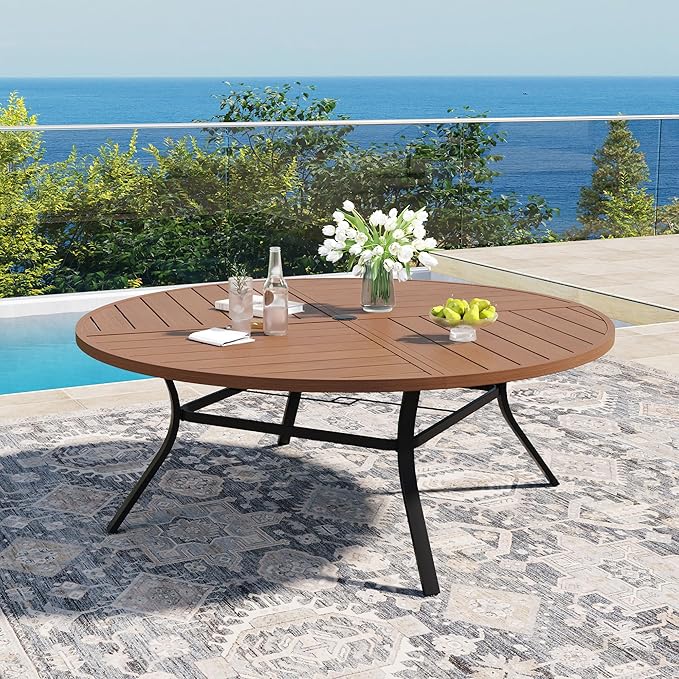 DIFY 9 Piece Outdoor Dining Set, Metal Patio Table and Chairs Set, 63" Walnut Round Dining Table & 8 Brown Padded Textilene Swivel Patio Chairs, Outdoor Furniture Set for Garden Backyard Porch