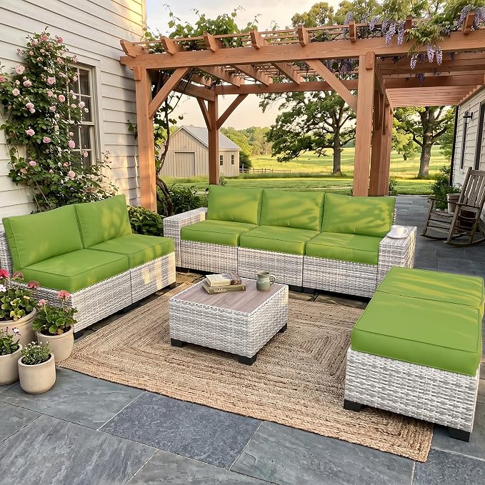 8-Piece Outdoor Patio Furniture Set Wicker Sectional Sofa Set with Ottomans, Patio Conversation Set with Thickened Cushions & Coffee Table for Garden, Backyard, Poolside, Avocado Green