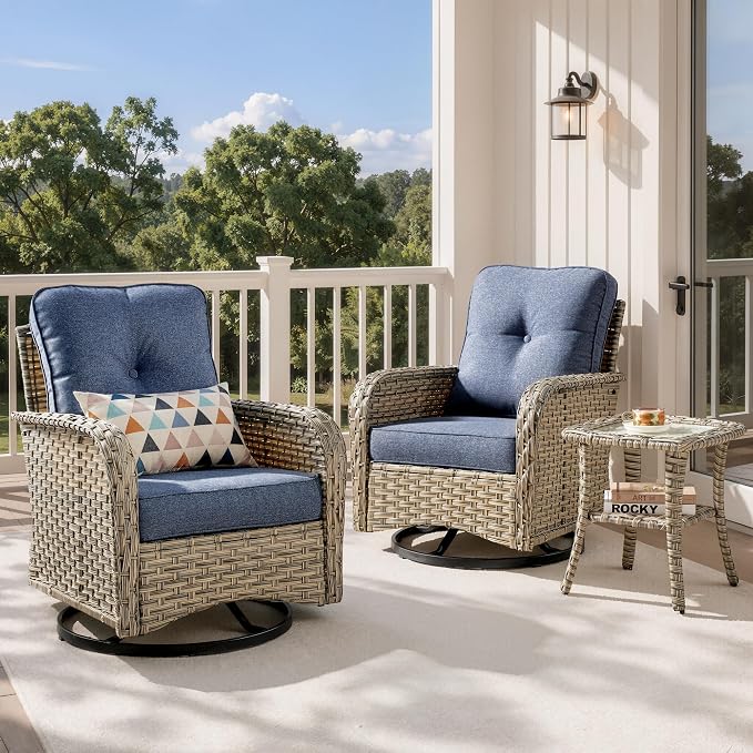 Outdoor Swivel Rocking Chair Set of 2 with Coffee Table, Wicker Patio Glider Chairs with 4 Inch Thick Cushions, 350lbs Capacity High Back Rattan Furniture Set for Sunroom and Small Spaces, Denim Blue