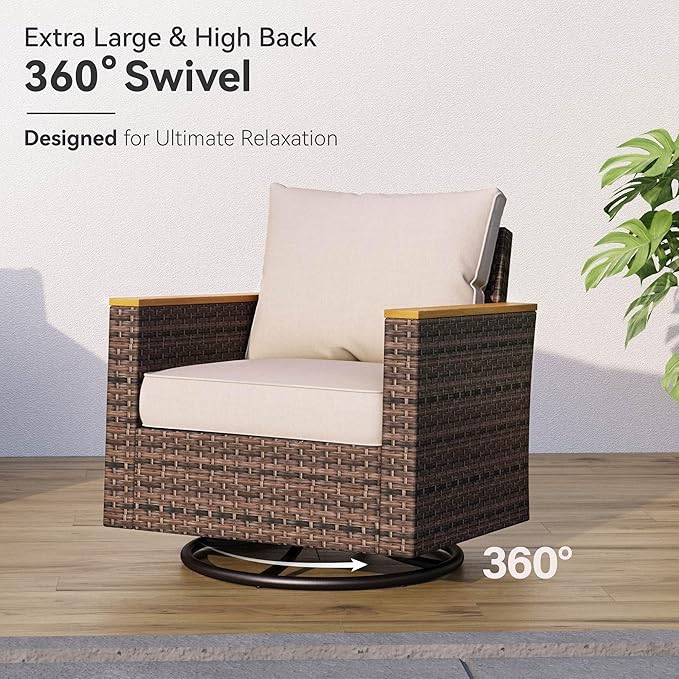 GREEN PARTY 7 Pieces Wicker Patio Furniture Set with 56" Fire Pit Table, All-Weather Outdoor Rattan Patio Sectional Sofa Conversation Set 7 Seats for Garden, Backyard, 2 x Swivel Chairs