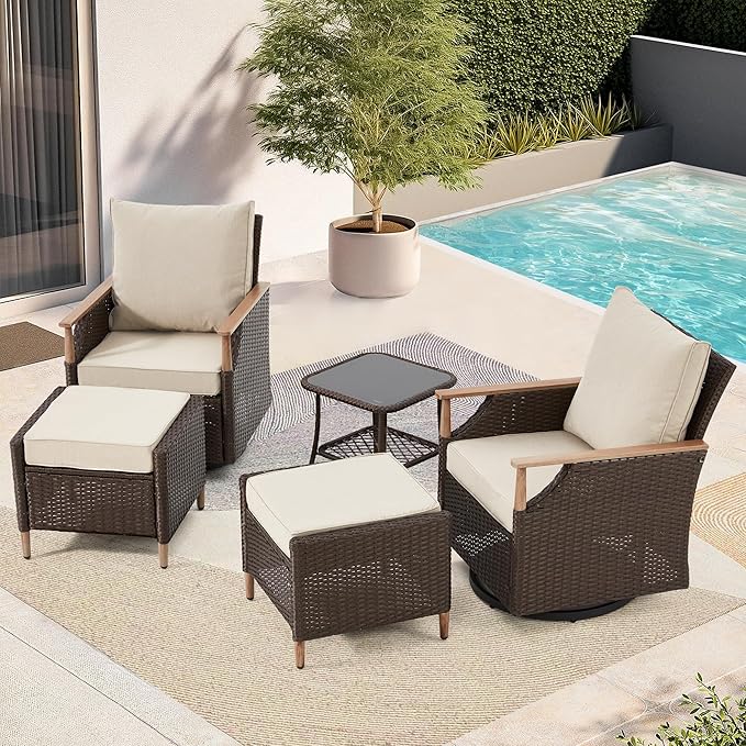 MELLCOM Patio Swivel Glider Rocker Chairs Set Wicker 5 Piece Patio Furniture Set Rocking Bistro Set with Tempered Glass Side Table and 2 Ottoman, for Backyard Garden Patio Porch (Beige, 5pcs)