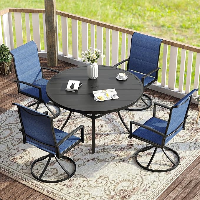 VICLLAX Patio Dining Set for 4, 5 Pieces Outdoor Furniture Set- 40.7" Round Outdoor Table and Swivel Padded Chairs, Black Tabletop and Blue Fabric