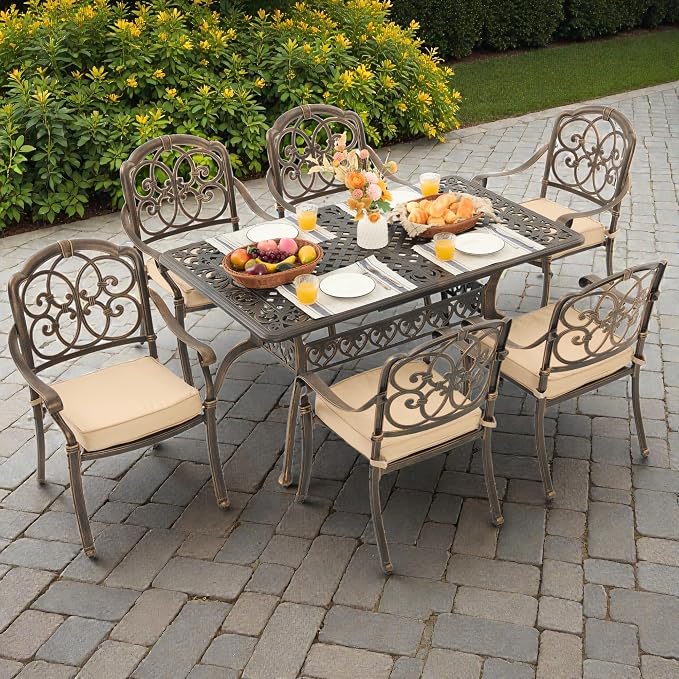 7-Piece Cast Aluminum Outdoor Dining Set, 60" Rectangular Table with 2 Umbrella Holes & 6 Stackable Chairs with 2.75" Cushions, Antique Brass Rustproof Patio Furniture for Garden