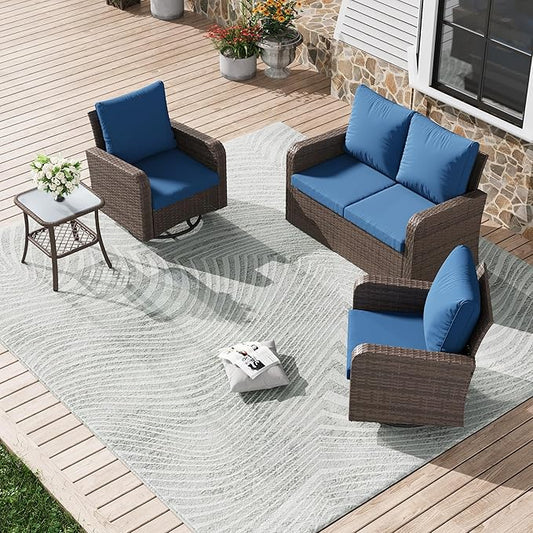 HOMREST 4 Piece Wicker Patio Furniture Set, 360 Degree Outdoor Swivel Patio Chairs w/Coffee Table and Loveseat, Small Patio Furniture Set for Garden, Deck and Poolside, Navy