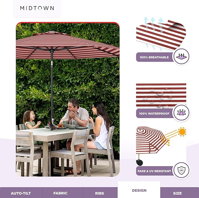 Midtown Umbrellas – The Swilt 10 Ft Patio Umbrellas with 360° Swivel & Tilt Mechanism, 8 Fiberglass Ribs & Terylast Polyester Fabric for Backyard, Deck, Pool & Cafes - Apple Stripes Canopy, Black Pole