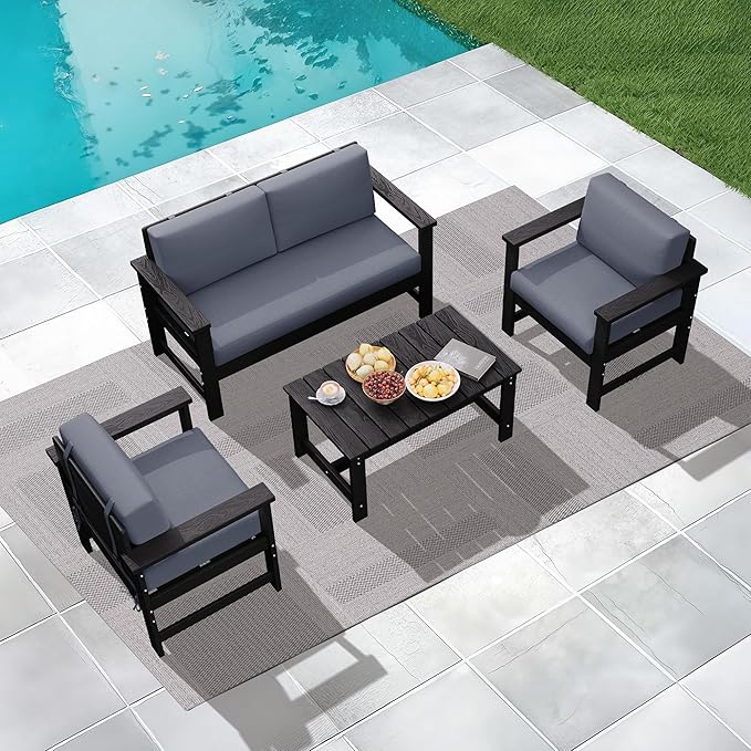KINGYES 4 Pieces Outdoor Furniture Set, HDPE All Weather Use Conversation Couch, Black Frame with Grey Cushions