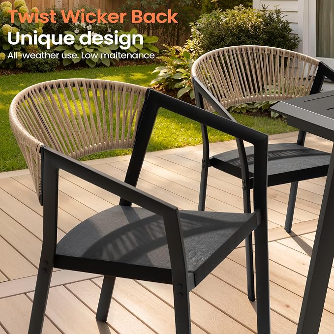 Pellebant Aluminum 11-Piece Outdoor Dining Table Set for 8-10 Person | Patio Stackable Chair with U-Shaped Wicker Backrest, 94" Table with Wood-Grain Top & Umbrella Hole, Aluminum Frame Furniture