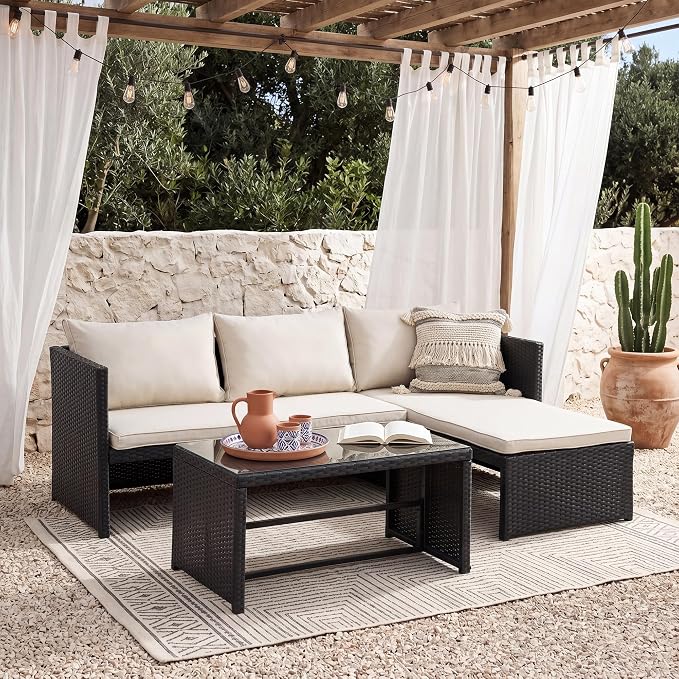 Tappio 3 Pieces Patio Furniture Sectional Sets, 3-Piece Outdoor PE Rattan Furniture Sets, Outdoor All-Weather PE Rattan Wicker Lawn Conversation Sets with Cushion and Glass Table (Begie)