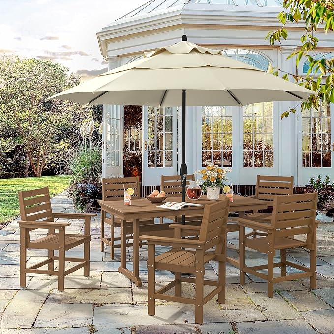 Rectangle Outdoor Dining Tables for 6, HDPS Weather Resistant Patio Dining Table, 66" Outdoor Tables with 1.96" Umbrella Hole for Porch, Balcony, Backyard, Light Brown