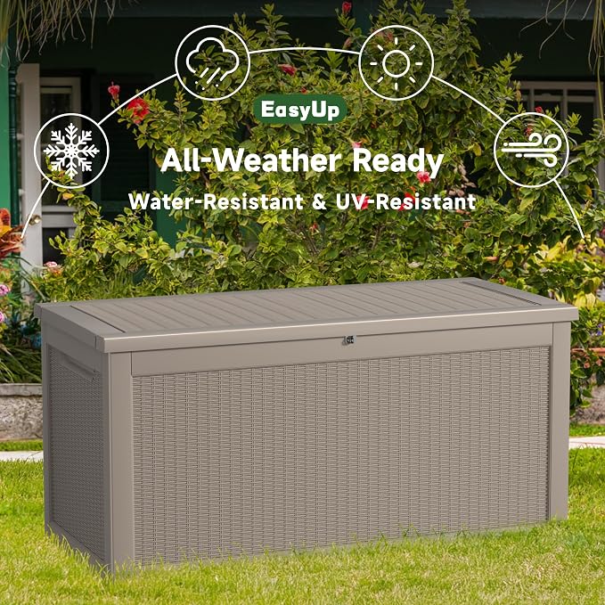 EasyUp 320 Gallon Outdoor Storage Box Waterproof, UV Resistant Resin Deck Box with Hydraulic Rod, Reinforced Stability for Patio, Garden, Rattan Gray