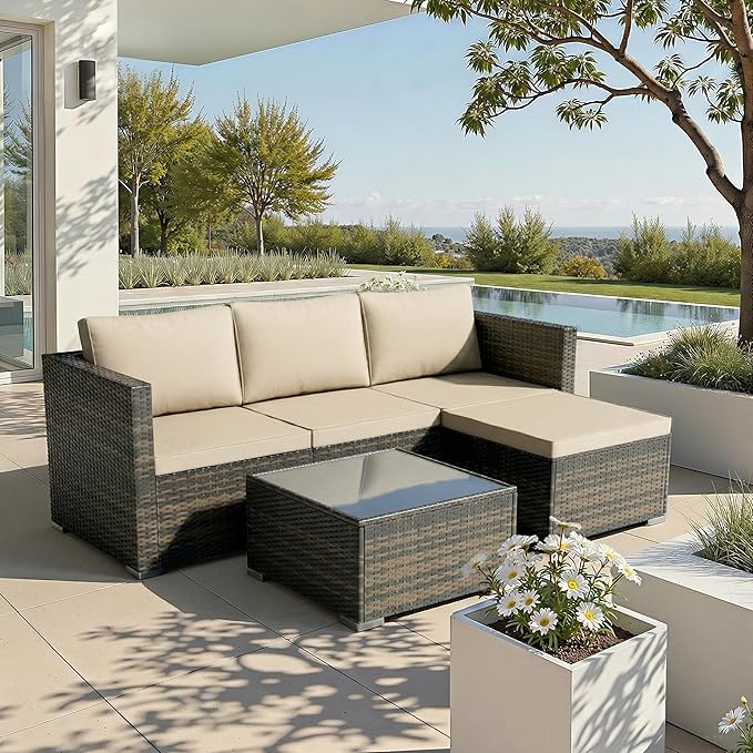 WWR Patio Furniture Set- All-Weather, Thick Cushions & Wide Armrests -5 Piece Outdoor Patio Conversation Couch Sets, Wicker Rattan Outdoor Sectional Sofa for Garden, Patio, Poolside