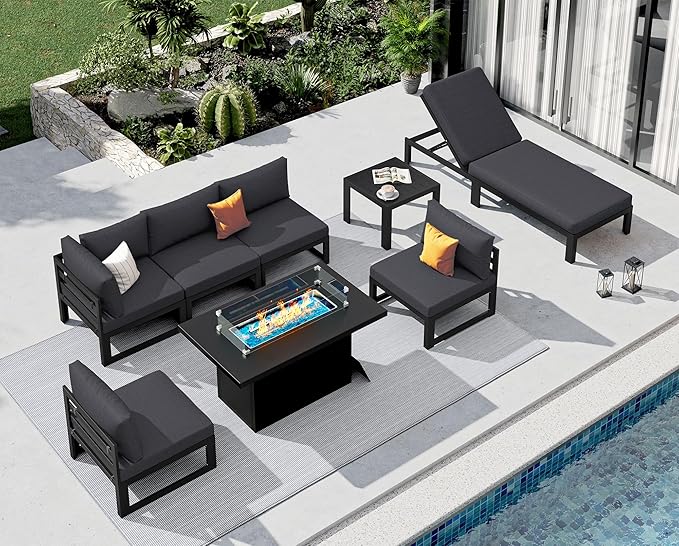 NICESOUL 8 Piece Luxury Aluminum Outdoor Sectional Sofa with Chaise Lounge & Firepit, Large Modular Patio Furniture Set, 29" Deep Wide Seating, 500 lbs Heavy Duty Conversation Set for Deck, Dark Gray