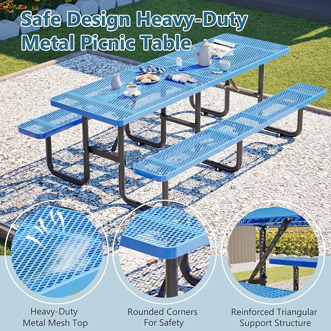 96" Heavy Duty Metal Picnic Table for 10 People, Outdoor Dining with Umbrella Hole, Galvanized Steel Rustproof Frame 882LBS Capacity, Mesh Top for Garden Patio Camping, Blue