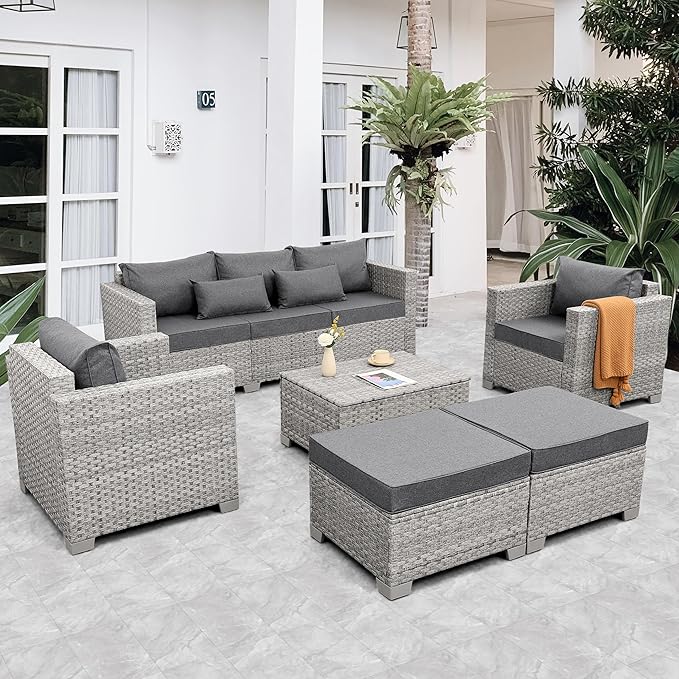 WAROOM Patio Furniture Set 6 Piece PE Rattan Outdoor Conversation Sets Grey Wicker Couch Sectional Sofa with Storage Coffee Table and Grey Cushion