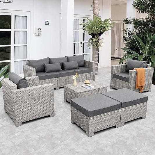 WAROOM Patio Furniture Set 6 Piece PE Rattan Outdoor Conversation Sets Grey Wicker Couch Sectional Sofa with Storage Coffee Table and Grey Cushion