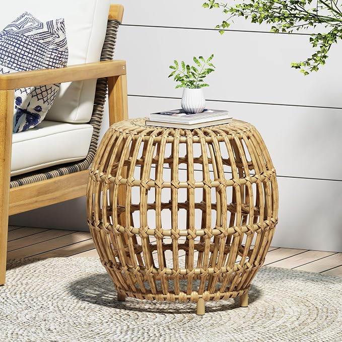 Side Table-Bohemian Faux Rattan Weave Accent Table for Indoor Outdoor Use, Handcrafted Round Side Table for Living Room, Patio, Garden,Light Brown Color