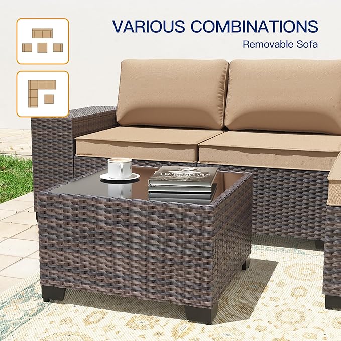 6 Pieces Patio Furniture Sets with Glass Tea Table,PE Rattan Wicker Patio Conversation Set with Washable Cushions,Outdoor Patio Sectional Furniture Set for Backyard, Poolside, Garden,Sand