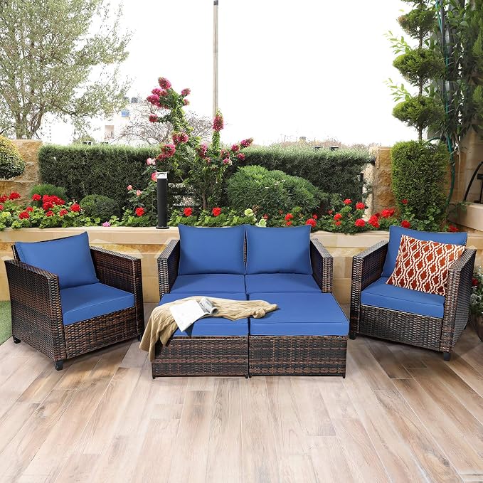 Tangkula 5 Pieces Patio Wicker Furniture Set, Outdoor Rattan Sofa Set with Removable Cushions, Loveseat with 2 Single Sofas & 2 Ottoman, Sectional Sunbed Conversation Set for Yard, Garden, Poolside