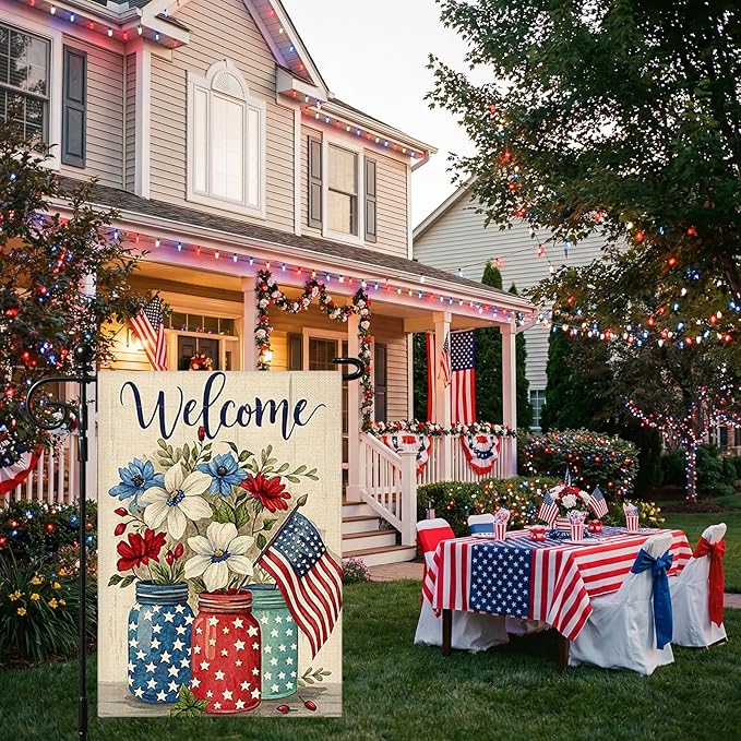 OTOSTAR Welcome Patriotic America 4th of July Garden Flag 12x18 Inch Double Sided Red White Blue Stars and Stripes Yard Outdoor Decorative Independence Day Memorial Day Garden Flag (Vase)