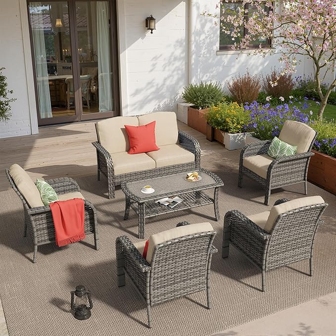 6 PCS Outdoor Patio Furniture Set with Glass Table, All-Weather Rattan Wicker Outdoor Conversation Set with Thickened Cushions for Balcony Backyard Garden Lawn,Beige