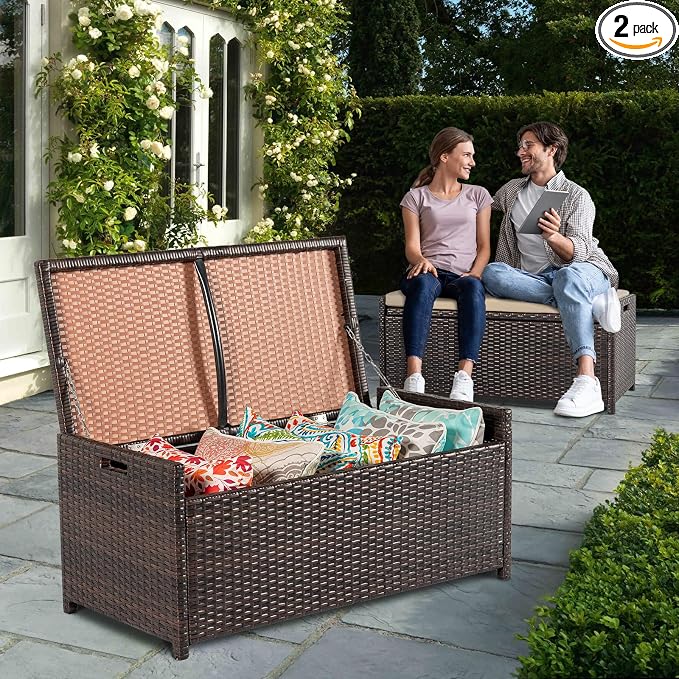 Tappio Deck Box Outdoor Storage Box Bench, PE Rattan Storage Bin with Built-in Handle and Beige Cushion for Pool and Garden Accessories