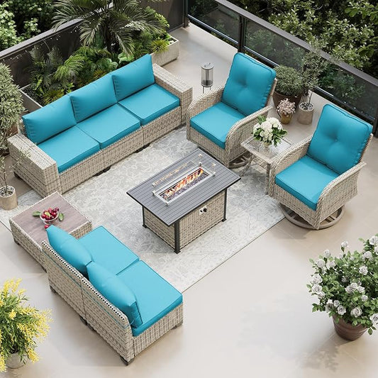 10-Piece Outdoor Patio Furniture Set with Rocking Swivel Chair, PE Wicker Rattan Sectional Sofa Patio Conversation Set with 55,000 BTU Fire Pit Table & Coffee Table, Turquoise