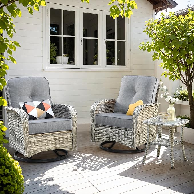 Outdoor Swivel Rocker Patio Chairs with Side Table,Wicker Swivel Rocking Chair Set of 2,3PCS High Back Wicker Patio Furniture Set Glider Chairs for Porch, Balcony, Deck and Yard,Grey